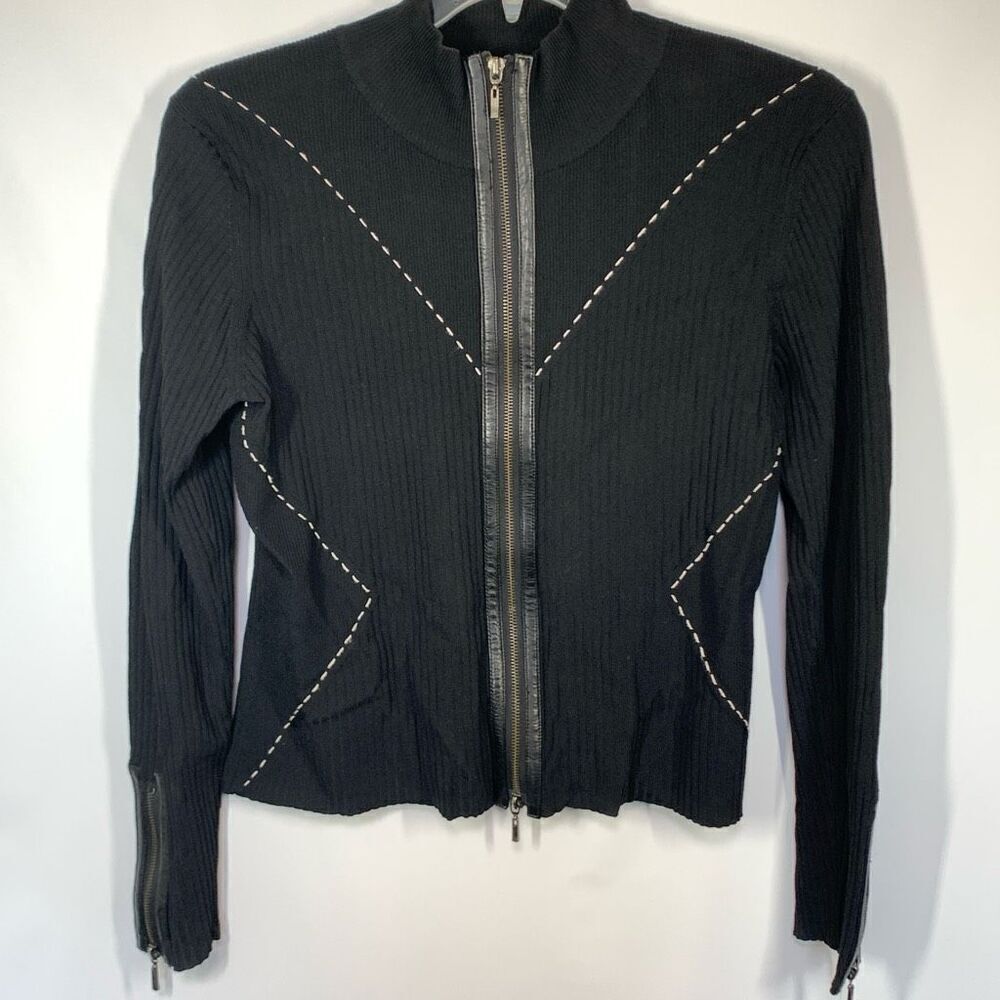 Madison studio full zip, black, leather trim, cardigan, size large ￼